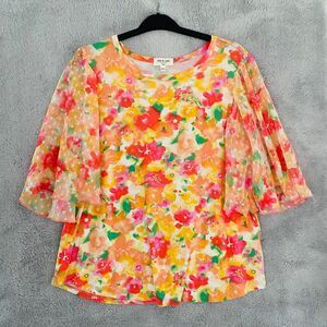 Kim & Cami Womens Top Blouse Size L 3/4 Flutter Sleeves Scoop Neck‎ Floral Pink